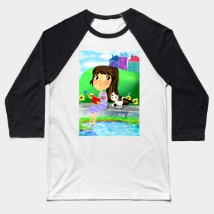 A girl with a kitty reading a book by the river Baseball T-Shirt